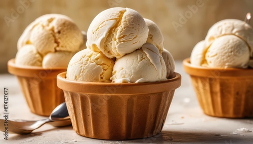 Vanilla Ice Cream Scoops in Bowl.