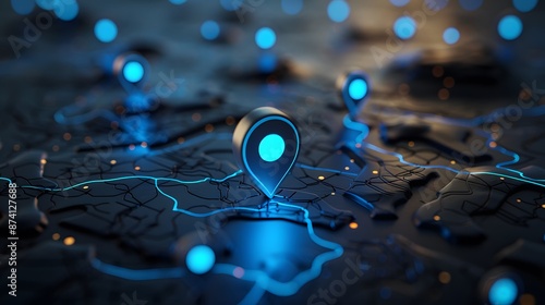 Blue location pin icon on an aerial map with multiple other pins, location tracking concept for mobile application