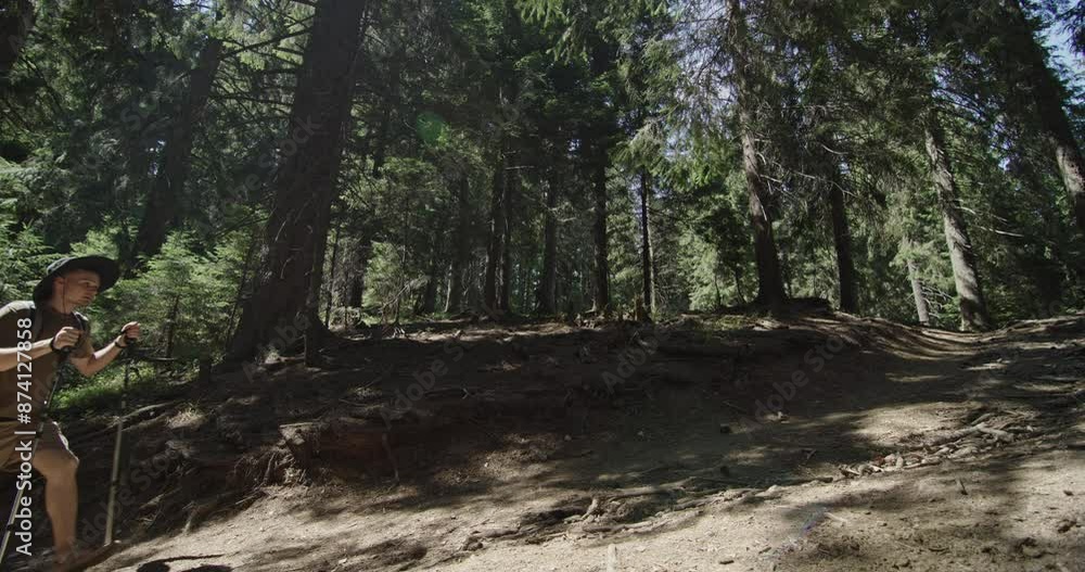 Two hikers energetically ascend a steep trail in the Carpathian forest, using trekking poles to aid their journey through nature. Two hikers energetically ascend a steep trail in the Carpathian forest, using trekking poles to aid their journey through nature.