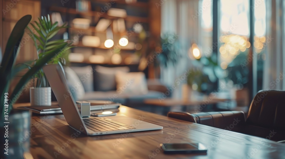 Cozy home office with a modern laptop and decor, ideal for remote work or study, set in a warm and inviting environment. Cozy home office with a modern laptop and decor, ideal for remote work or study, set in a warm and inviting environment.