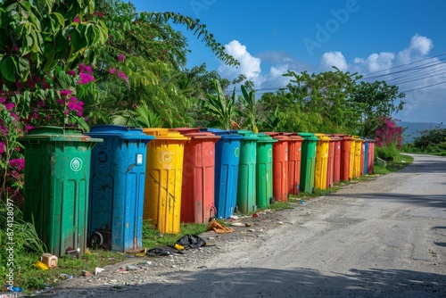 Colorful Recycling Bins in a Tropical Setting