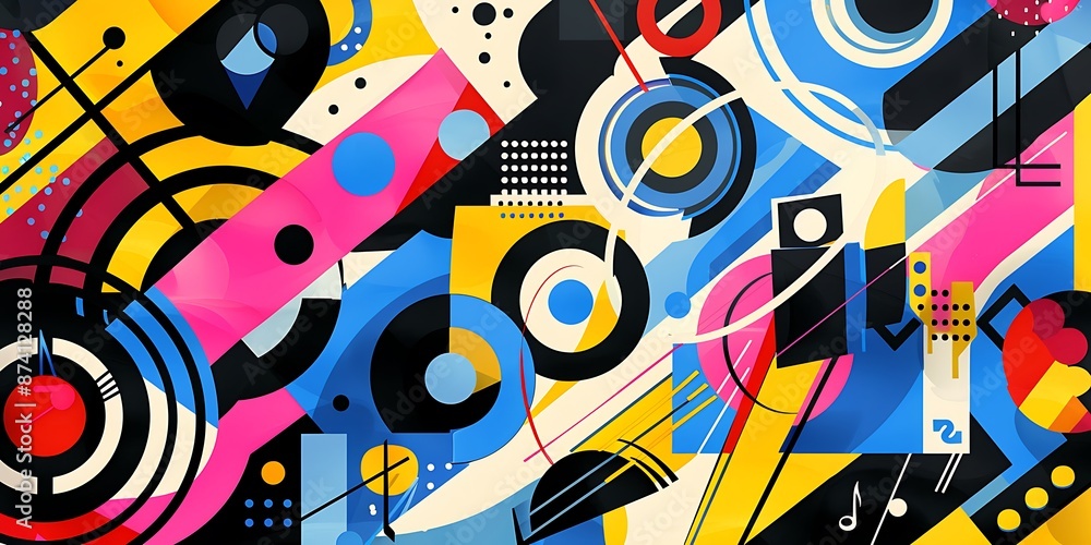 A retro poster with bold geometric shapes and contrasting colors, such as circles, squares and lines forming patterns resembling musical instruments A retro poster with bold geometric shapes and contrasting colors, such as circles, squares and lines forming patterns resembling musical instruments
