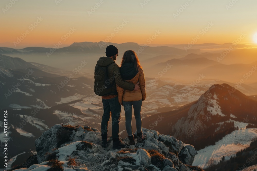 Fototapeta premium Couple Hiking in Majestic Mountain Sunrise