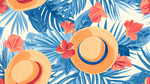 Summery Beach Straw Hat Pattern, Tropcial Vacation Background - Seamless tile. Endless and repeat print.
