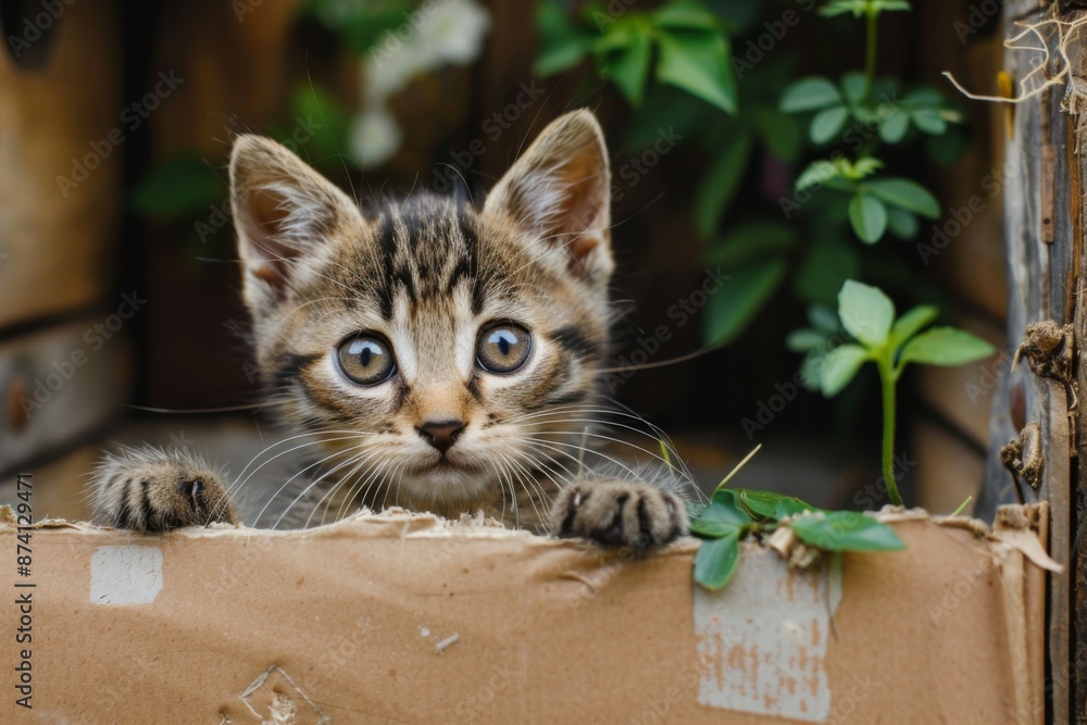 Adorable Kitten in Cardboard Box