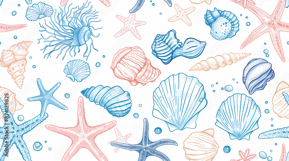 Cute Sea Stars, coral and shells in light blue pastel colors on a white background. - Seamless tile. Endless and repeat print. Cute Sea Stars, coral and shells in light blue pastel colors on a white background. - Seamless tile. Endless and repeat print.