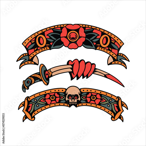 sword and ribbon tattoo vector design