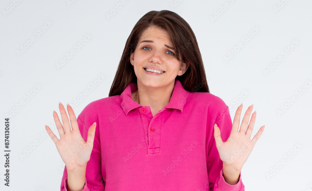 No, everything fine really. Intense worried and nervous cute female in pink sweatshirt, stopping backwards, holding palms raised near chest in sorry gesture No, everything fine really. Intense worried and nervous cute female in pink sweatshirt, stopping backwards, holding palms raised near chest in sorry gesture
