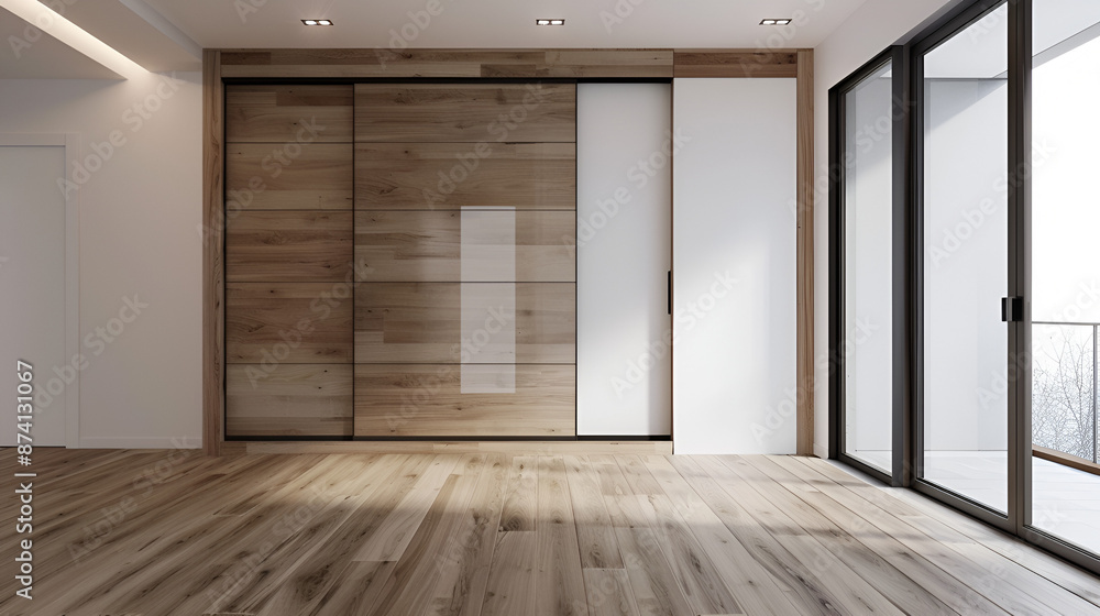 Wooden wardrobe with glass sliding doors in minimalist ai generative Wooden wardrobe with glass sliding doors in minimalist ai generative
