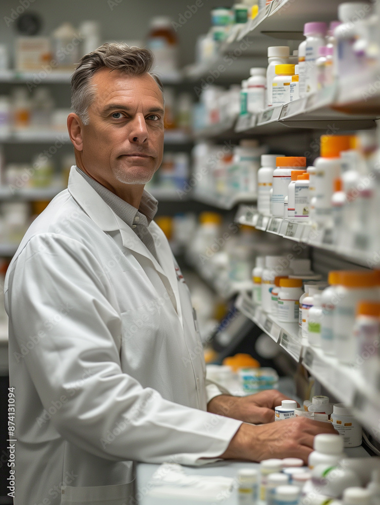 An individual in a white lab coat is standing in front of shelves stocked with various medication bottles, representing a professional healthcare environment focused on pharmaceutical services An individual in a white lab coat is standing in front of shelves stocked with various medication bottles, representing a professional healthcare environment focused on pharmaceutical services