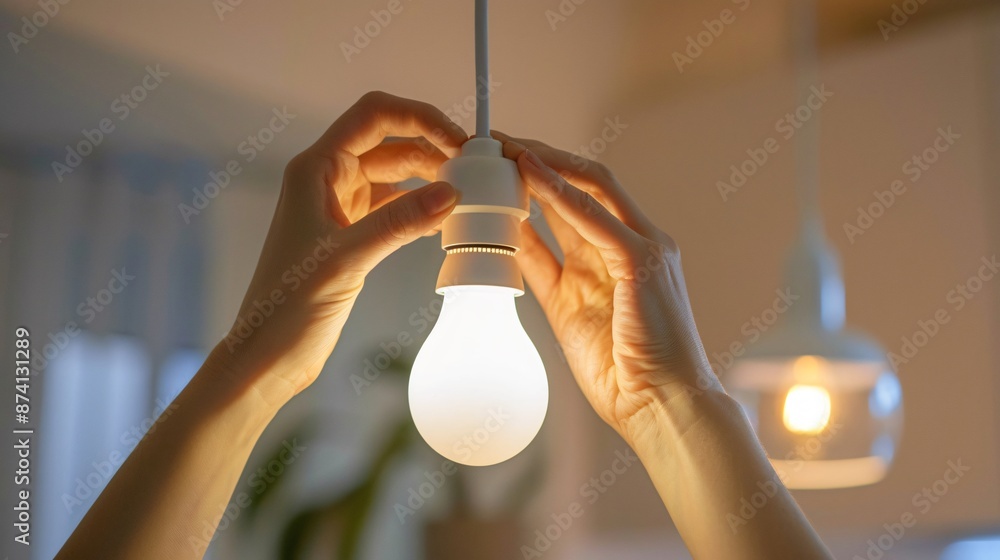 Fototapeta premium Hands replacing a light bulb in a minimalist room, with focus on the bulb and the clean light fixture