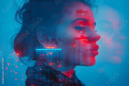 Woman with Red and Blue Neon Lights Illustration