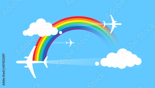 White airplanes against a blue sky with a bright rainbow and clouds. Print, vector illustration