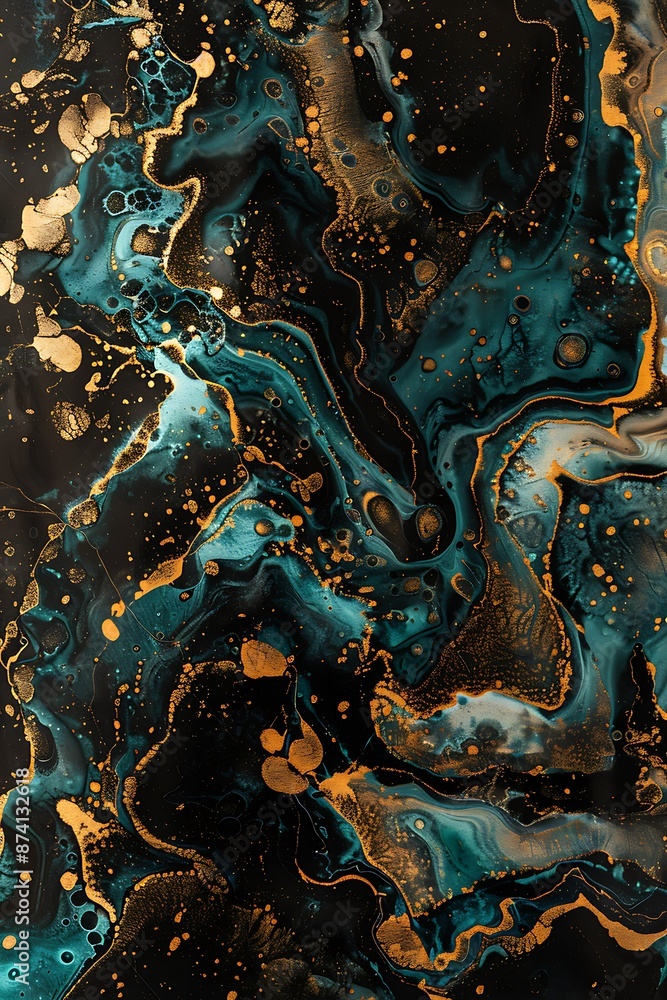 Burnished gold and deep aqua inks creating a luxurious abstract pattern on a black surface Burnished gold and deep aqua inks creating a luxurious abstract pattern on a black surface