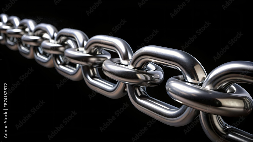 Fototapeta premium Close-up of a strong, silver metal chain link with a focus on its security and connection