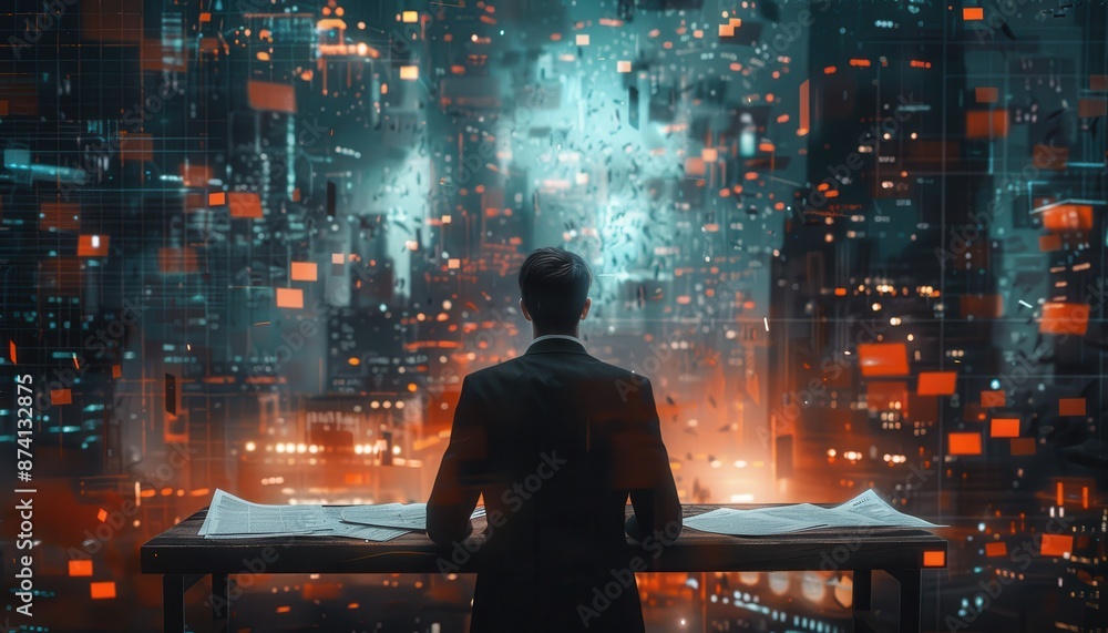 The image shows a man standing in front of a large screen with a futuristic city in the background The image shows a man standing in front of a large screen with a futuristic city in the background