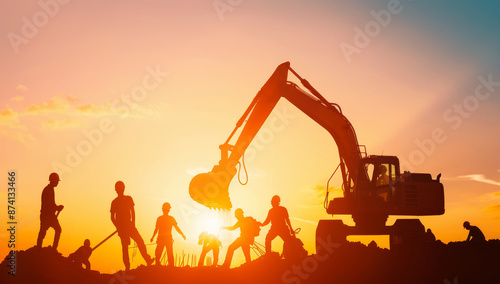 Wallpaper Mural A group of men are working on a construction site with a large excavator by AI generated image Torontodigital.ca