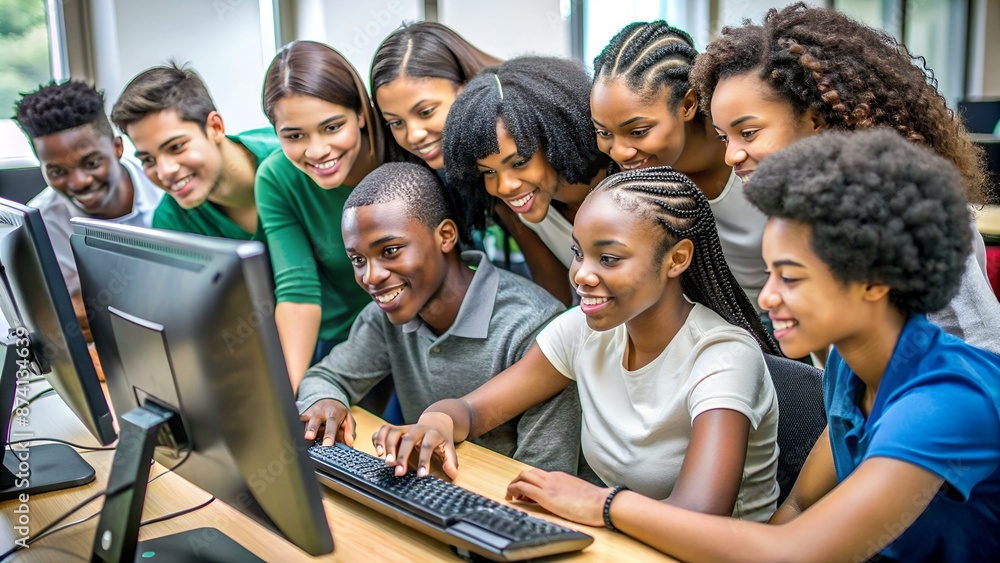 Group of african american and latin students editing video clip at computer Group of african american and latin students editing video clip at computer