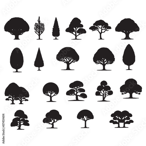 set of trees silhouettes	 on white