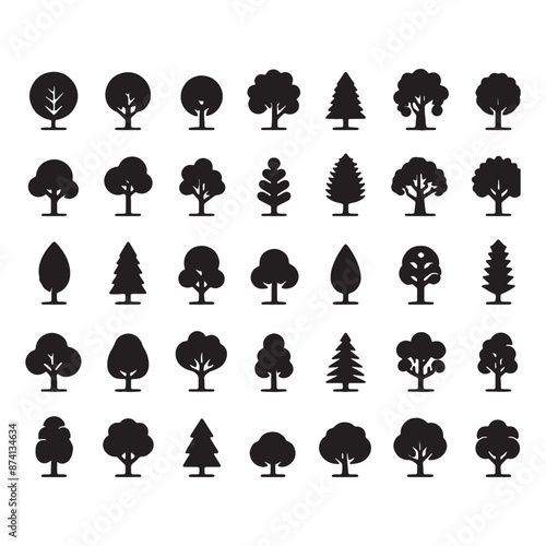 set of trees silhouettes	 on white
