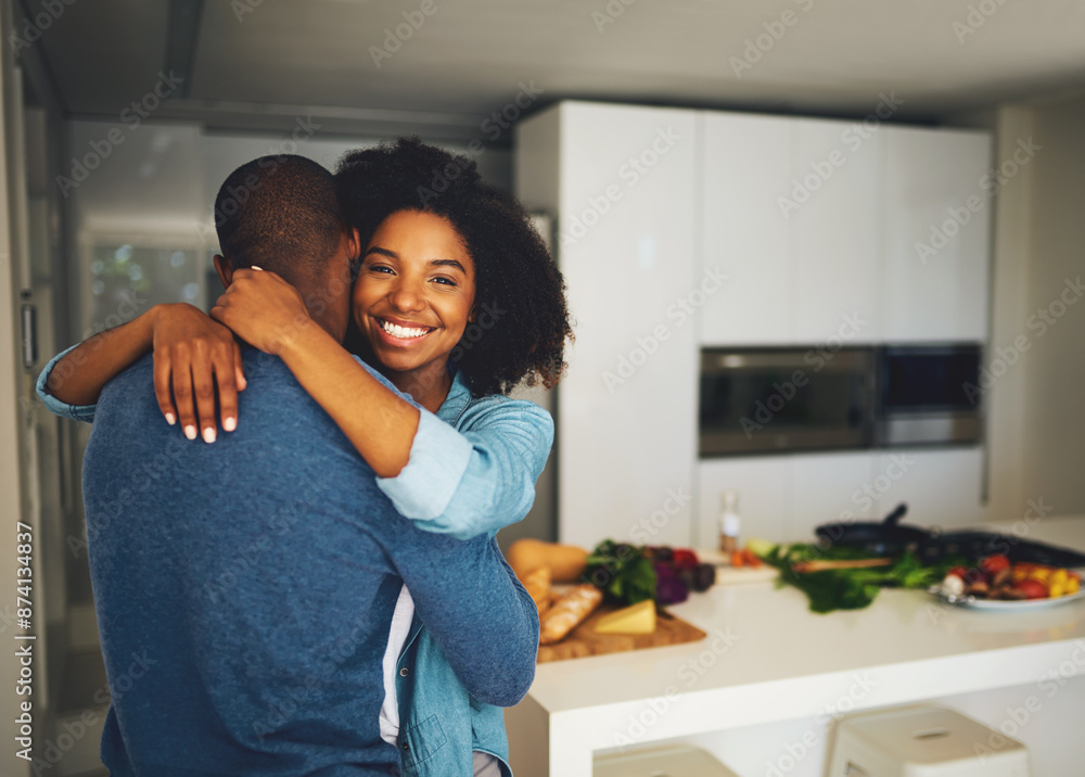 Black couple, people and happy with hug in kitchen for fun or bonding and love with affection. Home, relationship and smile with support, care and trust with excitement or joy for meal prep with food Black couple, people and happy with hug in kitchen for fun or bonding and love with affection. Home, relationship and smile with support, care and trust with excitement or joy for meal prep with food