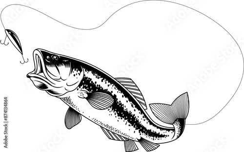Outlined Largemouth Bass Fish Catching The Fishing Lure Graphic Design. Vector Hand Drawn Illustration Isolated On Transparent Background