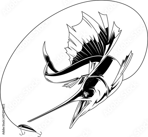 Outlined Sailfish Catching The Fishing Lure Graphic Design. Vector Hand Drawn Illustration Isolated On Transparent Background