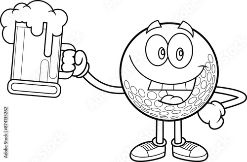 Outlined Happy Golf Ball Cartoon Character Holding A Beer Glass. Vector Hand Drawn Illustration Isolated On Transparent Background