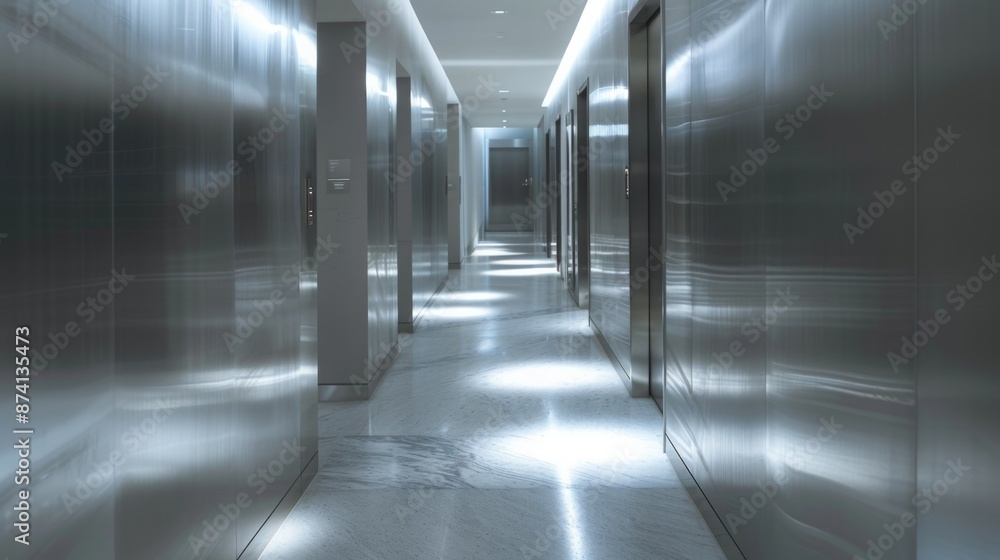 An empty hallway with steel doors and a marble floor. Light shines in from the end of the hallway. An empty hallway with steel doors and a marble floor. Light shines in from the end of the hallway.