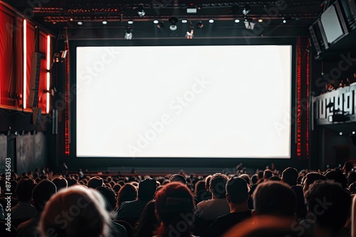 Large empty white screen in the middle of an audience at a movie theater, with a web banner and copy space on the right, symbolizing entertainment and advertising opportunities.