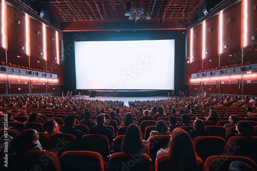 Large empty white screen in the middle of an audience at a movie theater, with a web banner and copy space on the right, symbolizing entertainment and advertising opportunities.