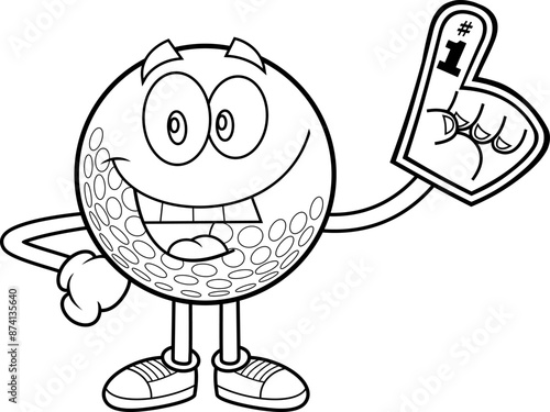 Outlined Happy Golf Ball Cartoon Character  Showing A Number One Foam Finger. Vector Hand Drawn Illustration Isolated On Transparent Background