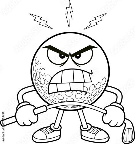 Outlined Angry Golf Ball Cartoon Character Bending Golf Club. Vector Hand Drawn Illustration Isolated On Transparent Background