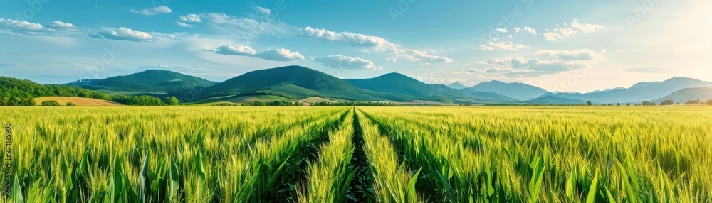 Fototapeta premium Vast green field with mountain backdrop under a bright blue sky, conveying tranquility and natural beauty