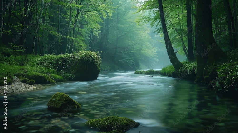 Serene River Flowing Through a Lush Forest - A tranquil river meanders through a dense, lush forest. The water reflects the surrounding greenery, creating a serene and peaceful atmosphere. - A tranqui