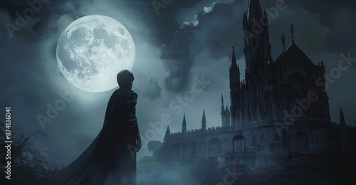 Wallpaper Mural Silhouette of a Man in a Cape, Standing Before a Cathedral in the Moonlight - A silhouette of a man in a cape stands before a majestic cathedral, illuminated by the soft glow of the full moon. The sce Torontodigital.ca