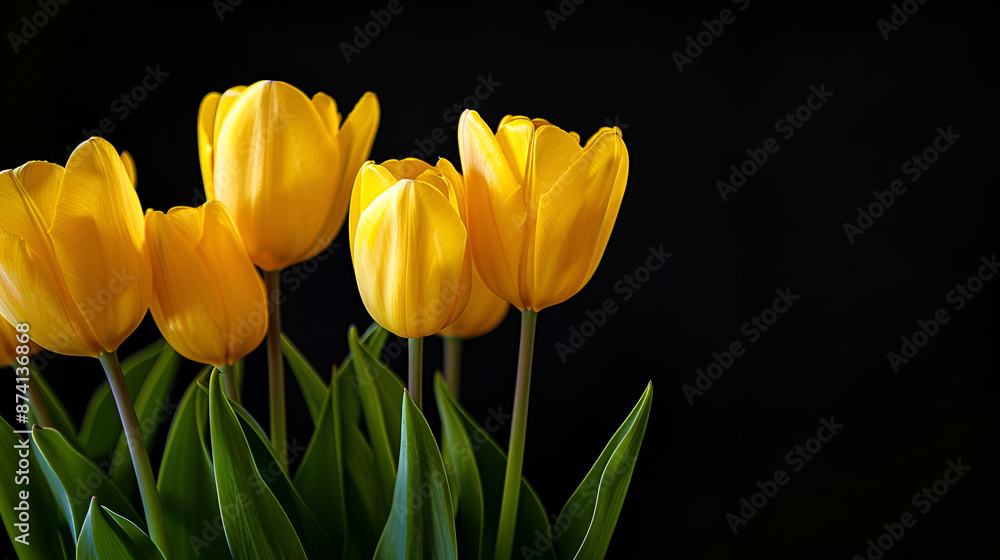 Obraz premium yellow tulips bouquet against dark background arranged asymmetrically reminding of the splendor of spring season vividness ai generative