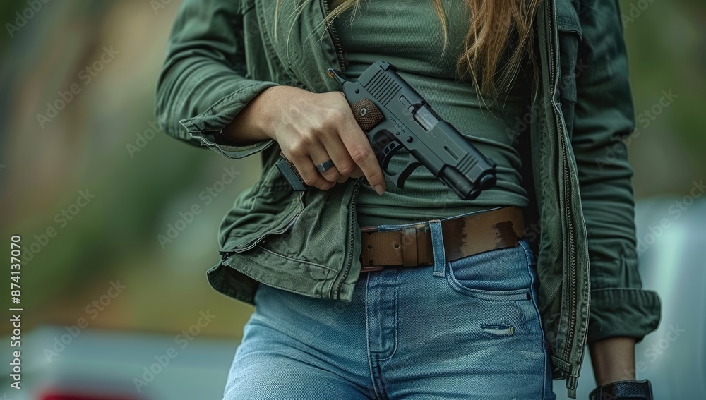 Close-Up of Woman Holding Concealed Gun Close-Up of Woman Holding Concealed Gun