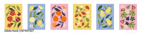 Collection of abstract prints contemporary art. Summer hand drawn fruits. Pomegranate, orange, pear, strawberry, lemon and fig. Modern design for posters, cards, prints.