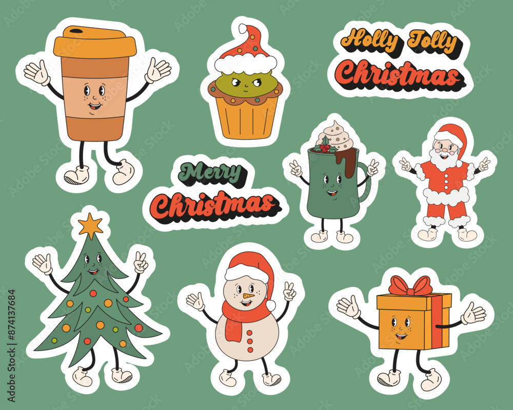 Fototapeta premium Merry Christmas holiday elements set. Cute collection of Christmas stickers in retro groovy style. Santa Clous, gift, Christmas tree, Christmas tree toy, candy cane, milk, cookie for Santa, snowman.