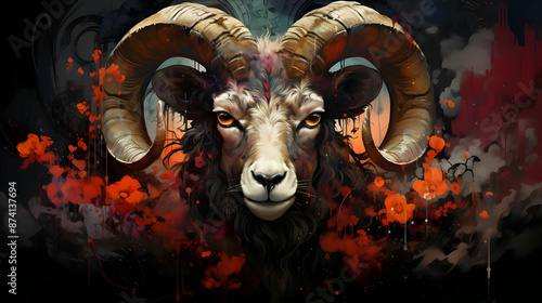 Ram Illustration with Orange Flowers and Dark Background