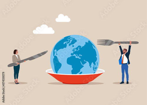 Business people holding fork with knife and  tableware ready cut eat planet earth globe meal. Vector illustration