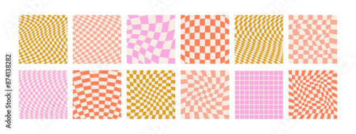 Groovy checkered seamless patterns, vintage aesthetic backgrounds, psychedelic checkerboard texture. Funky hippie fashion textile print, retro background with distorted grid tile vector pattern set