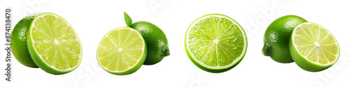 Collection of fresh green lime half slices isolated on transparent background
