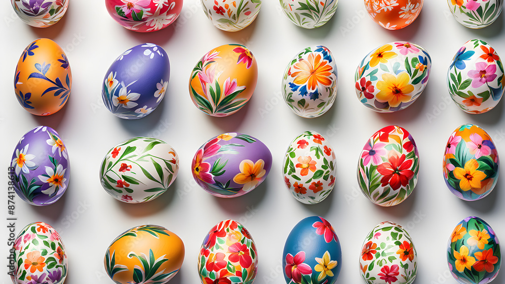 Collection of colourful hand painted decorated easter eggs on white background cutout file. Pattern and floral set. Generative AI Collection of colourful hand painted decorated easter eggs on white background cutout file. Pattern and floral set. Generative AI