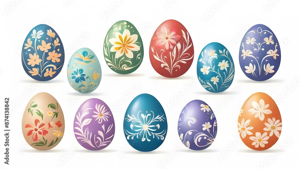Collection of colourful hand painted decorated easter eggs on white background cutout file. Pattern and floral set. Generative AI Collection of colourful hand painted decorated easter eggs on white background cutout file. Pattern and floral set. Generative AI