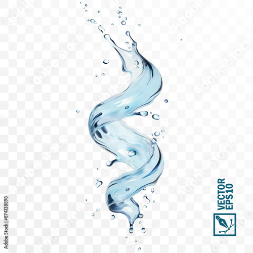 Realistic transparent isolated vector splash of water with drops, a splash of falling water in the form of a spiral, Whirlpool