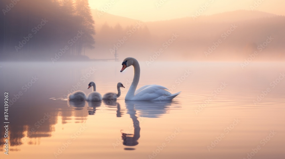 Fototapeta premium A family of swans glided gracefully across the still waters of the misty lake.