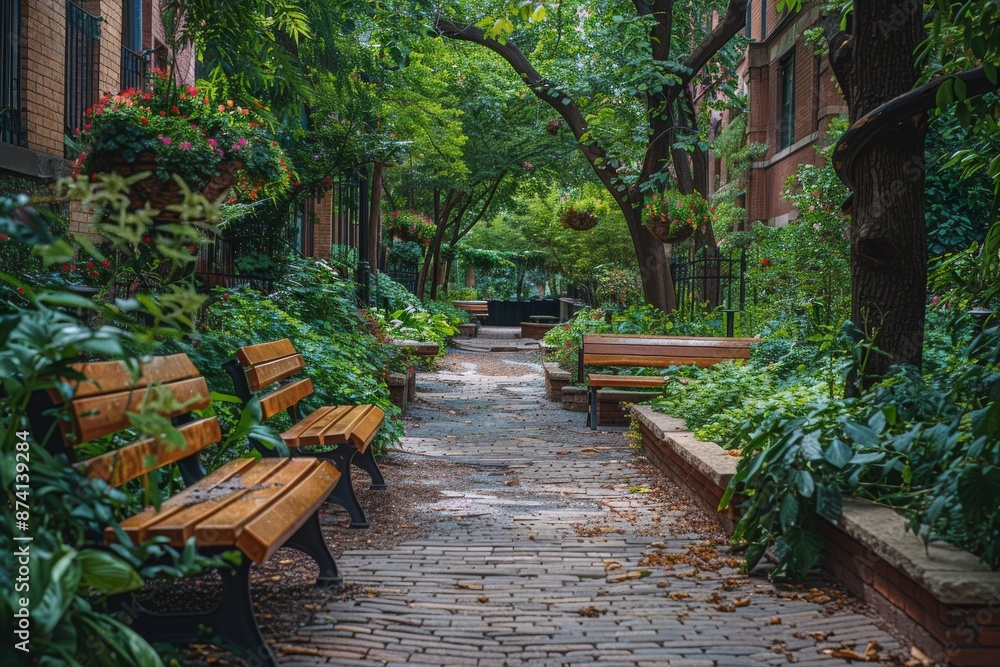 Obraz premium Brick Path Through A City Park With Wooden Benches