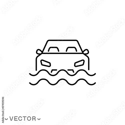 flood car icon, flooded road, natural disaster, auto in water waves, thin line symbol isolated on white background, editable stroke eps 10 vector illustration